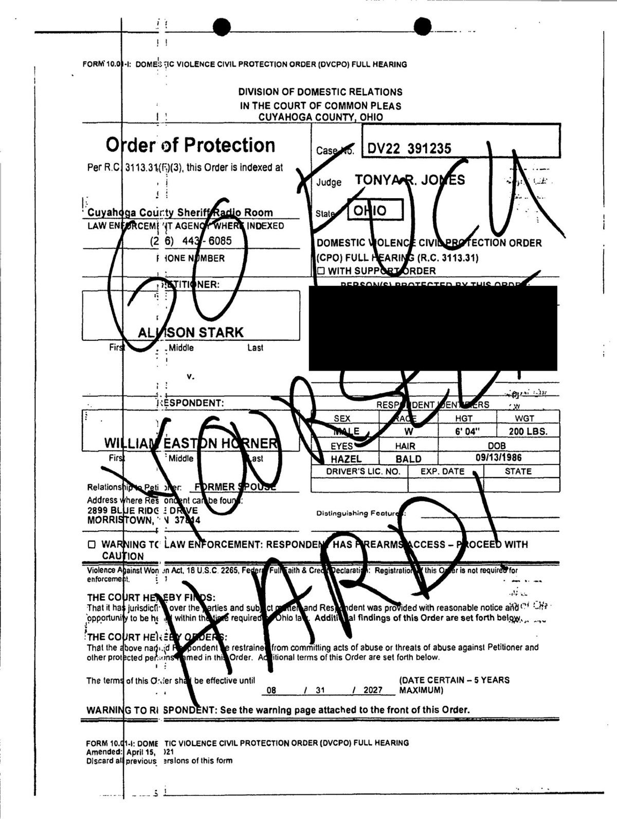 The face page of the Domestic Violence Civil Protection Order with the words GO FUCK YOURSELF HARD written diagonally across it in large marker handwriting. The children’s names and all dates of birth are covered with a black redaction box.